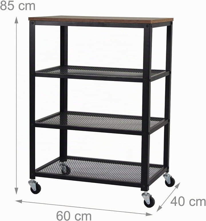 Relaxdays Rollwagen, 4 Ablagen, Industrial, Küche &amp; Wohnzimmer, HBT: 85x60x40 cm, Servierwagen mit R
