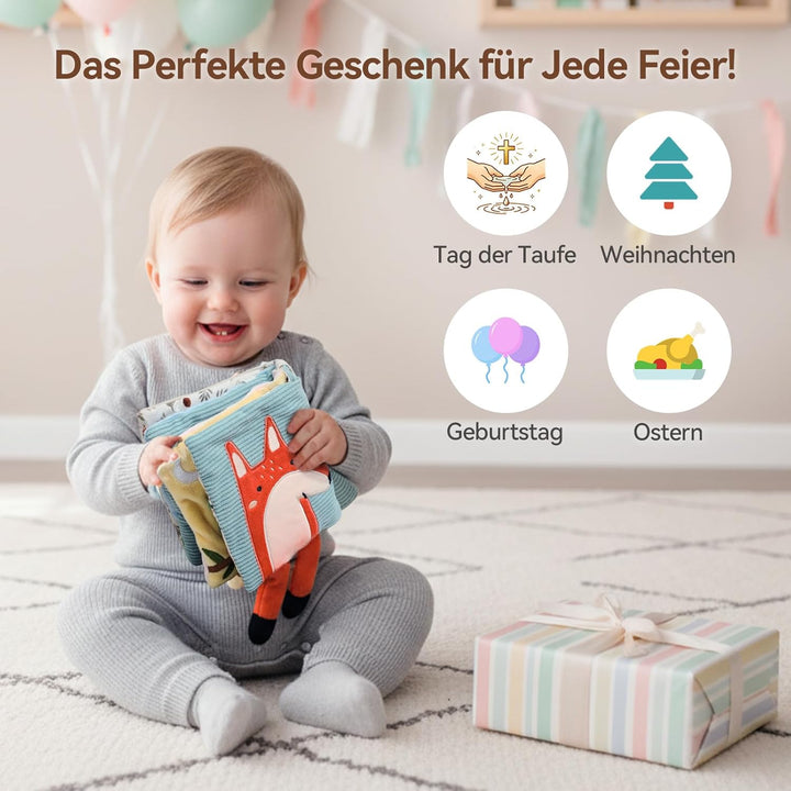 WOODEN TEETHER Babybuch Stoffbuch mit Spiegel, Baby Spielzeug 0-6 Monate Sensorisches Buch - Interak