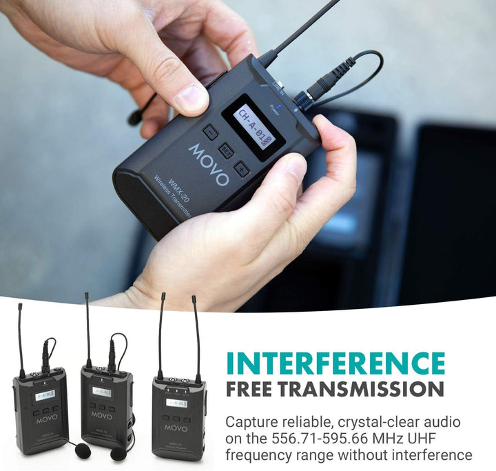 Movo WMX-20 48-Kanal-UHF-Drahtlos-Lavaliermikrofonsystem mit 1 Empfänger, 1 Sender und 1 Ansteckmikr