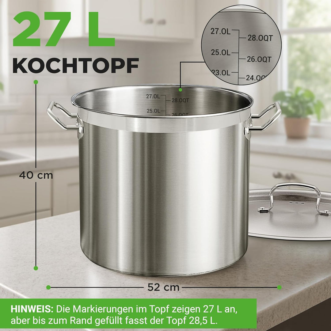 NutriChef Edelstahl Kochtopf 28,4L Induktion – Suppentopf mit Deckel, Profiqualität für Gastronomie
