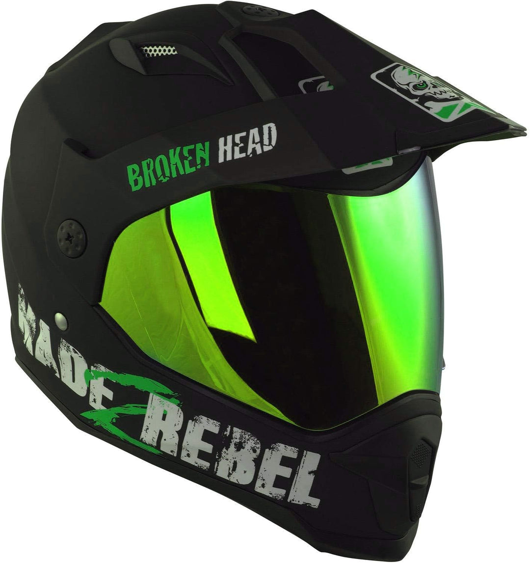 Broken Head made2rebel Motocross-Helm grün, Set mit Visier Gold | Enduro-Helm - MX Cross-Helm mit So
