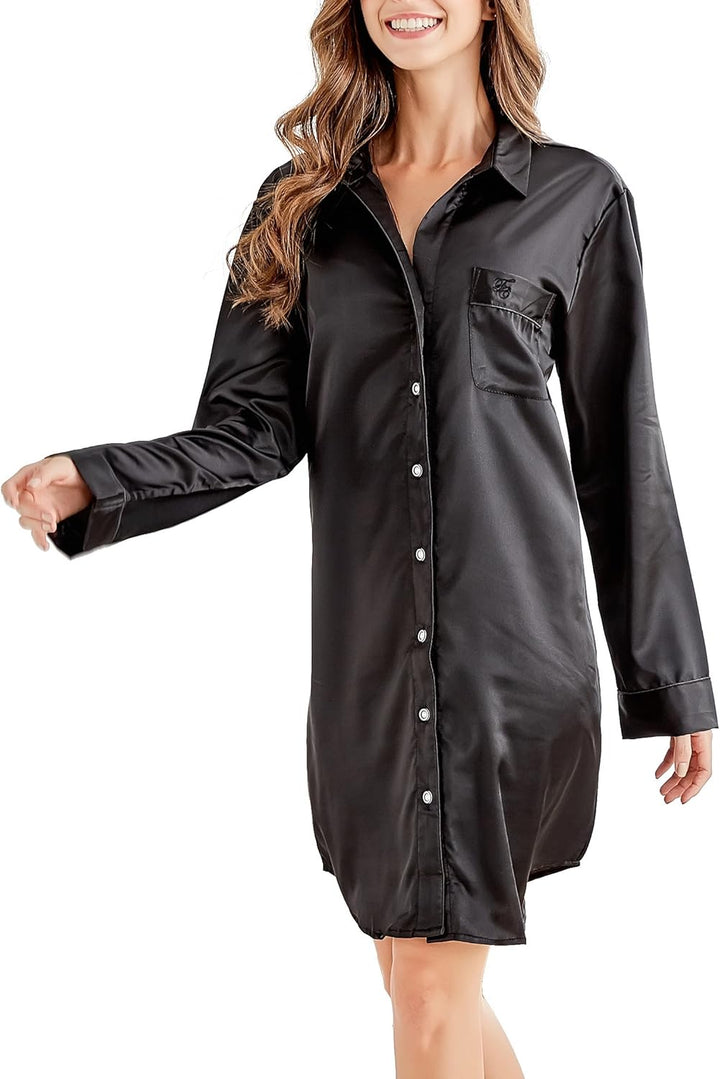 Nachthemd Damen, Satin Nachtkleid Langarm Nachtwäsche mit Knopfleiste Schlafhemd Freizeitkleidung Sc