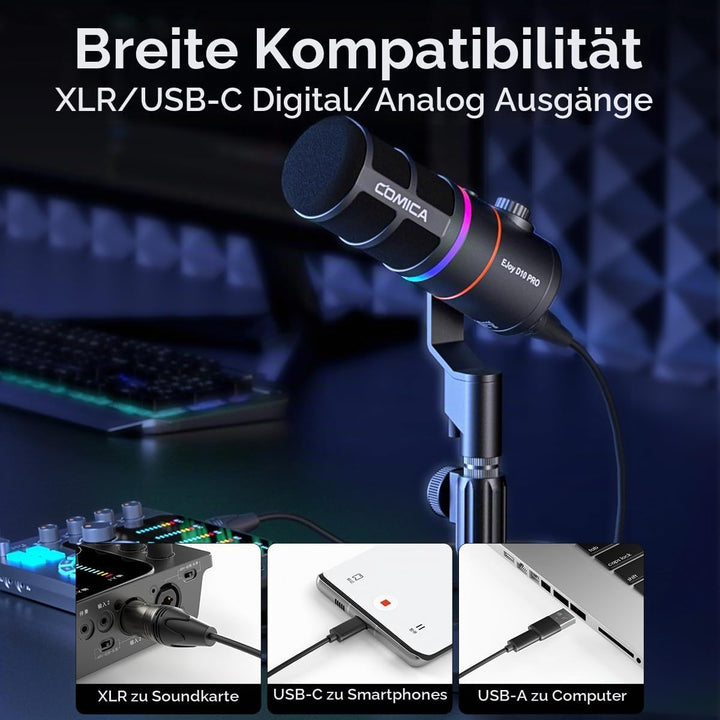 COMICA EJoy D10 Pro Mikrofon Cardioid Dynamisches USB-C/XLR Mikrofon mit 48kHz/24bit, RGB-Beleuchtun