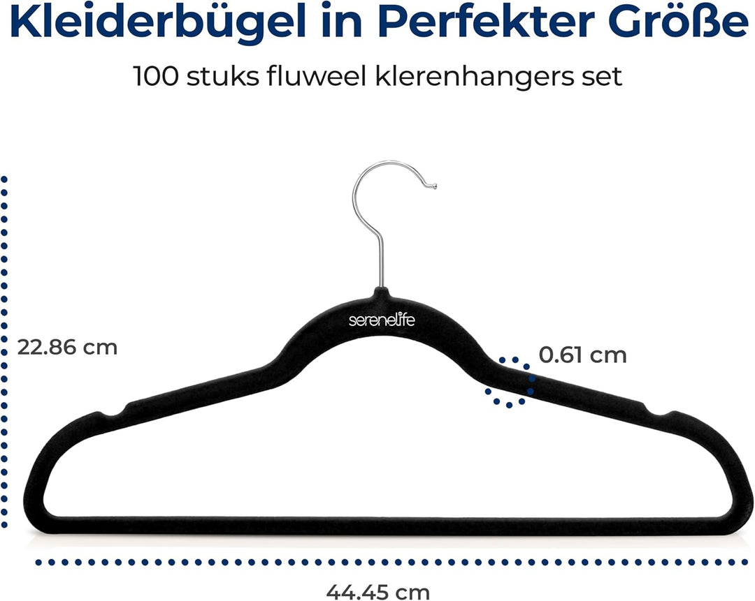SereneLife Schwarze Samt Kleiderbügel 100 Stück mit 360° drehbarem Haken,100er Set rutschfeste Bügel