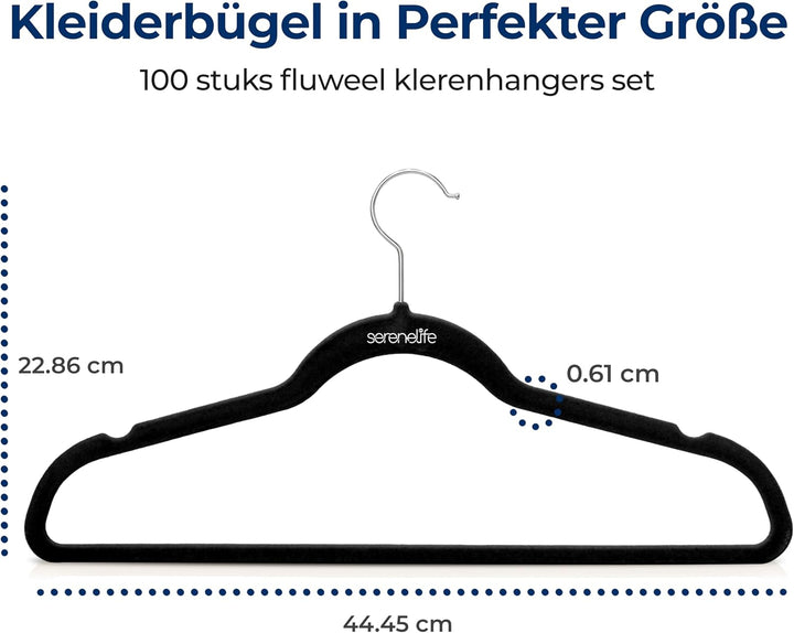 SereneLife Schwarze Samt Kleiderbügel 100 Stück mit 360° drehbarem Haken,100er Set rutschfeste Bügel