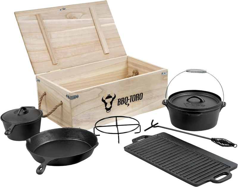 BBQ-Toro Dutch Oven Set in Holzkiste und mehr | Gusseisen - bereits eingebrannt (7-teilig), 7-teilig