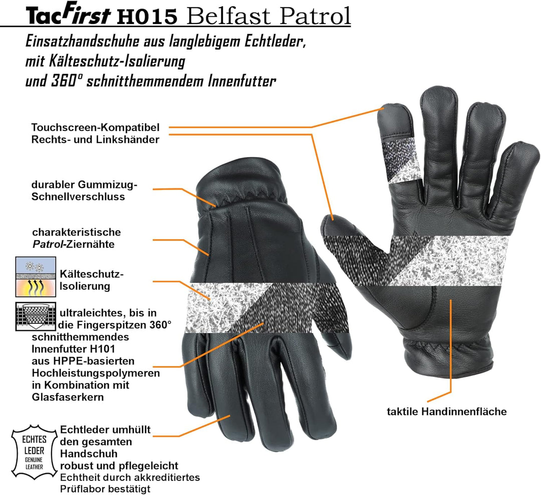 TacFirst Belfast Patrol Einsatzhandschuhe H015 warm gefüttert, 360° schnitthemmend, Echtleder Dienst