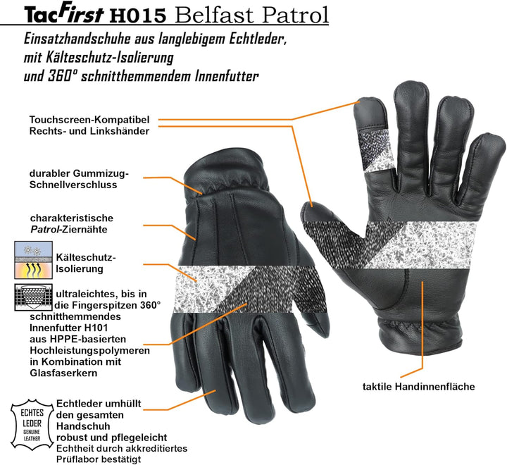 TacFirst Belfast Patrol Einsatzhandschuhe H015 warm gefüttert, 360° schnitthemmend, Echtleder Dienst