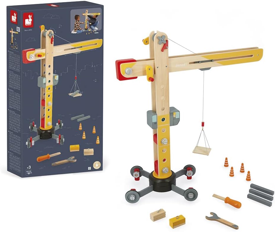 Janod - Grosser Holzkran 74 cm - Rollenspielzeug - Konstruktionsspiel - 360° Drehbar und Mobil - 12