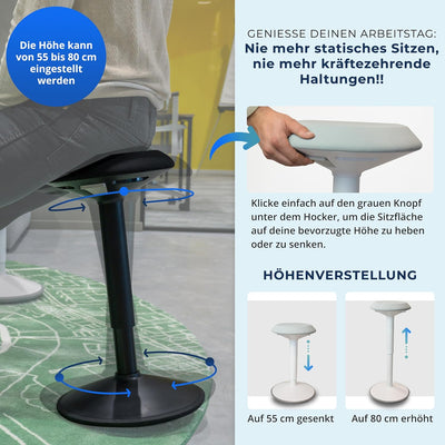 Backerz ergonomischer Wackel-Hocker - Bürohocker mit 55-80 cm Höhenverstellbar, Stehhocker, Arbeitsh