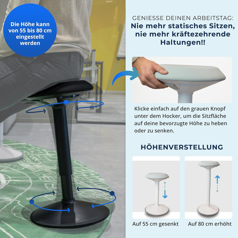 Backerz ergonomischer Wackel-Hocker - Bürohocker mit 55-80 cm Höhenverstellbar, Stehhocker, Arbeitsh