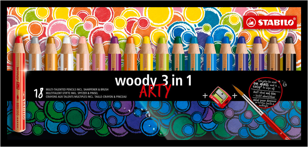 Buntstift, Wasserfarbe &amp; Wachsmalkreide - STABILO woody 3 in 1 - ARTY - 18er Pack mit Spitzer und Pi