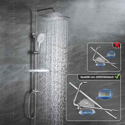JOHO Edelstahl Duschsystem ohne Armatur Chrom Regendusche Duschset mit Duschgarnitur Ablage(Kopfbrau