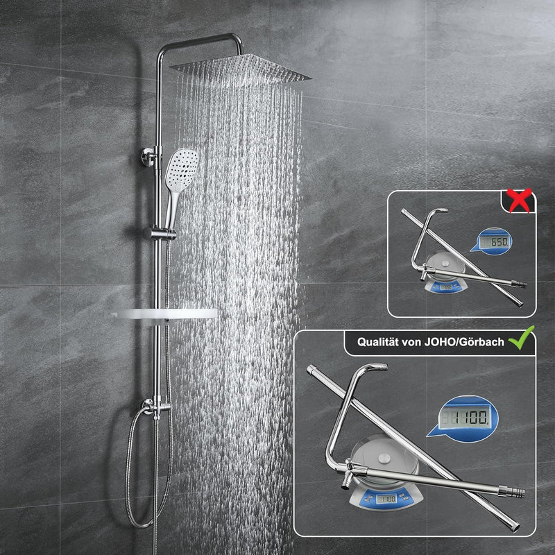 JOHO Edelstahl Duschsystem ohne Armatur Chrom Regendusche Duschset mit Duschgarnitur Ablage(Kopfbrau