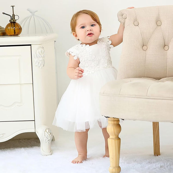 Baby Mädchen Weiss Taufkleid mit Haube Neugeborenen Taufe Kleid Spitzenkleid für Hochzeit Geburtstag