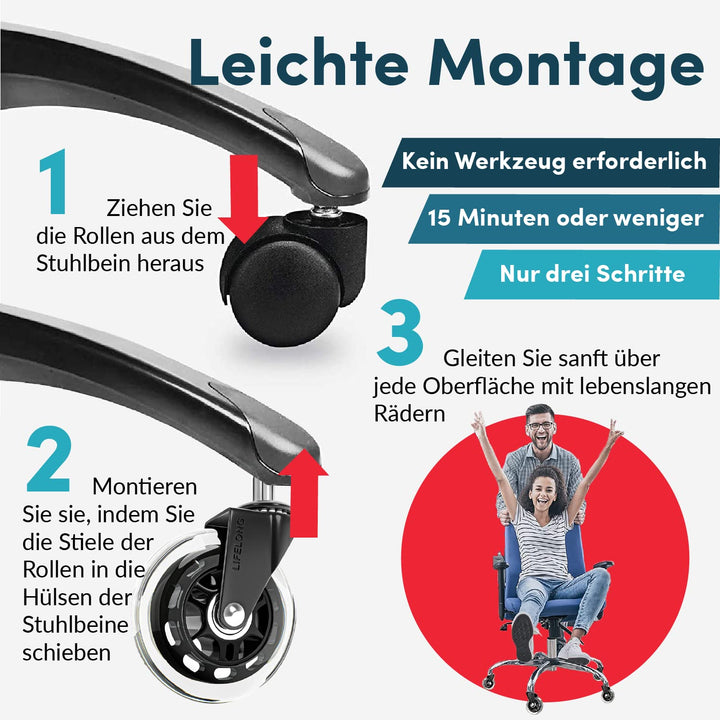 Bürostuhl Rollen 5er-Set, Rollen für Bürostühle, Ersatzräder für Bürostühle auf Teppich- und Parkett