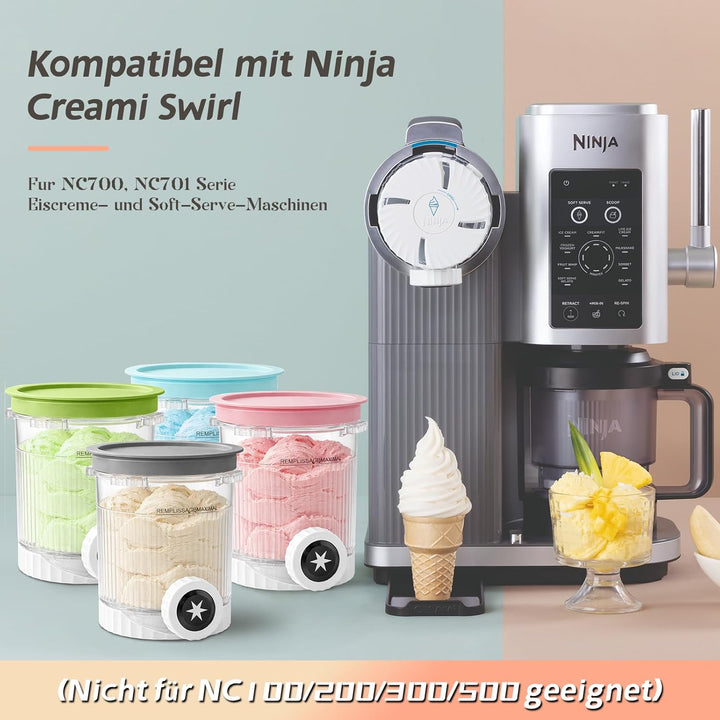 4 Stück Behälter für Ninja Swirl by CREAMi Softeis- & Eismaschine, Swirl Pints und Deckel kompatibel