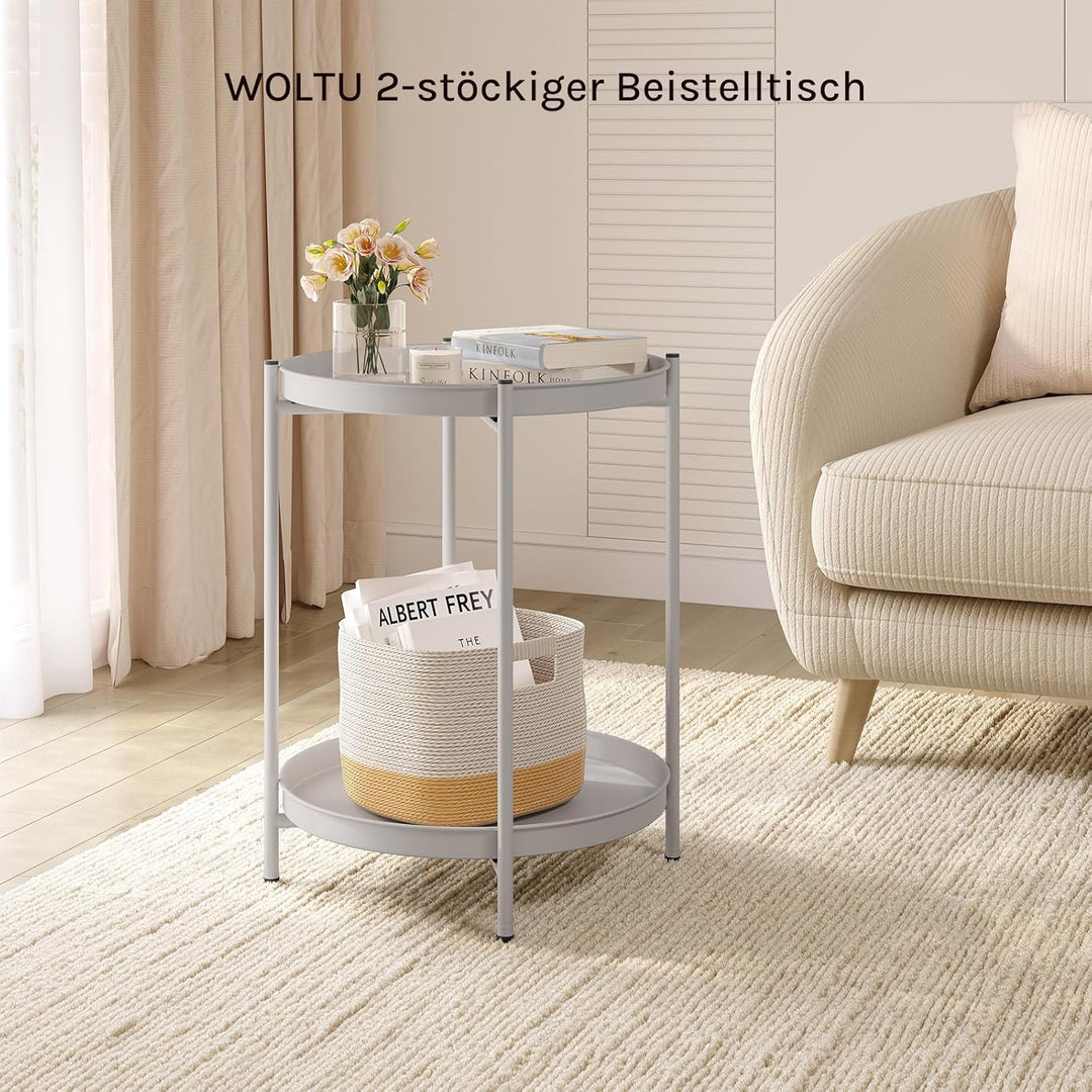 WOLTU Beistelltisch rund, Couchtisch mit Stauraum, 2 abnehmbare Tabletts, Wohnzimmertisch Nachttisch