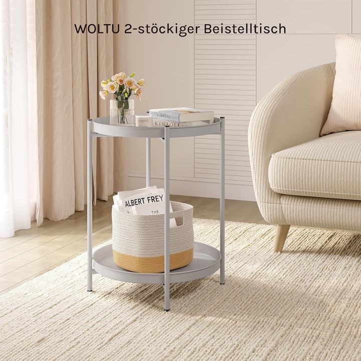 WOLTU Beistelltisch rund, Couchtisch mit Stauraum, 2 abnehmbare Tabletts, Wohnzimmertisch Nachttisch