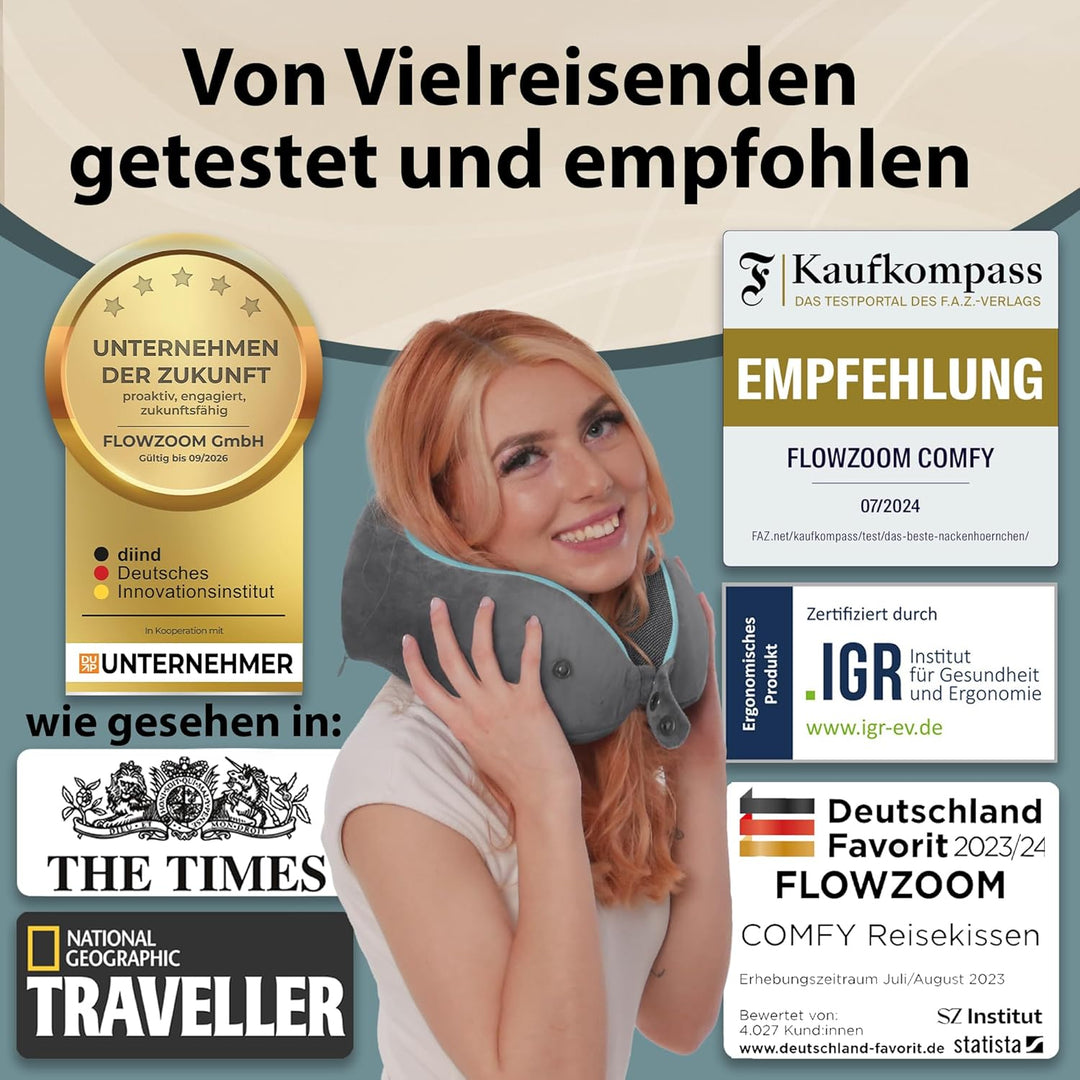 FLOWZOOM® Comfy Nackenhörnchen Nackenkissen Flugzeug & Auto Reise-Kissen aus Memory-Foam mit schmale