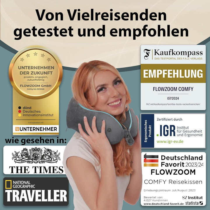 FLOWZOOM® Comfy Nackenhörnchen Nackenkissen Flugzeug & Auto Reise-Kissen aus Memory-Foam mit schmale