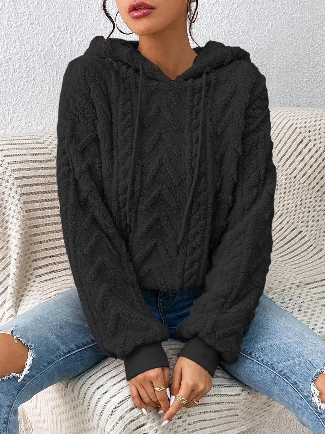 Zetieny Hoodie Damen Kapuzenpullover Teddy Fleece Double Fuzzy Fluffy Jacquard Pullover Lässiges War