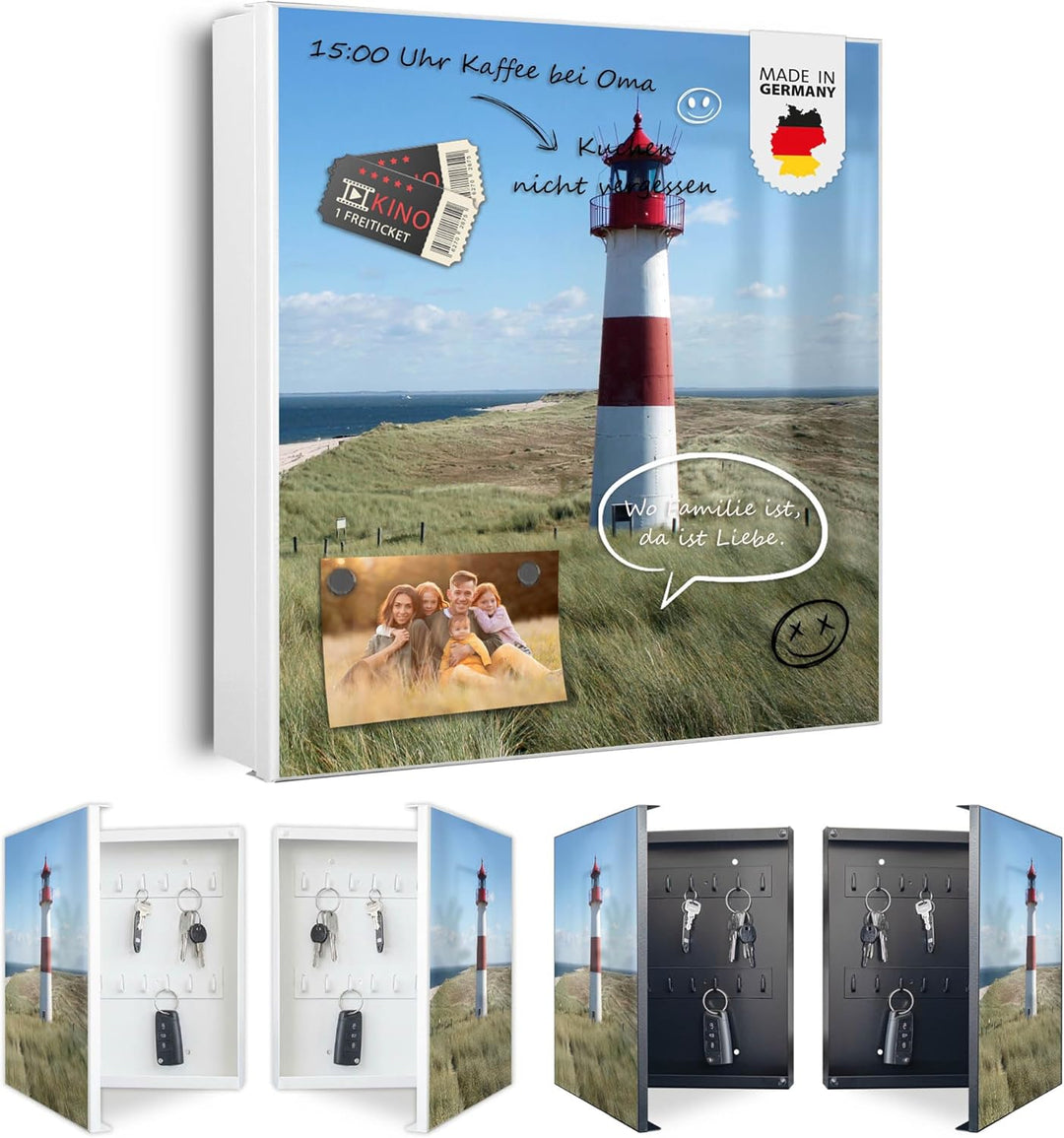banjado® Grosser Schlüsselkasten Glas/Schlüsselbox 30cm x 30cm mit 50 Haken - Motiv Leuchtturm/Schlü