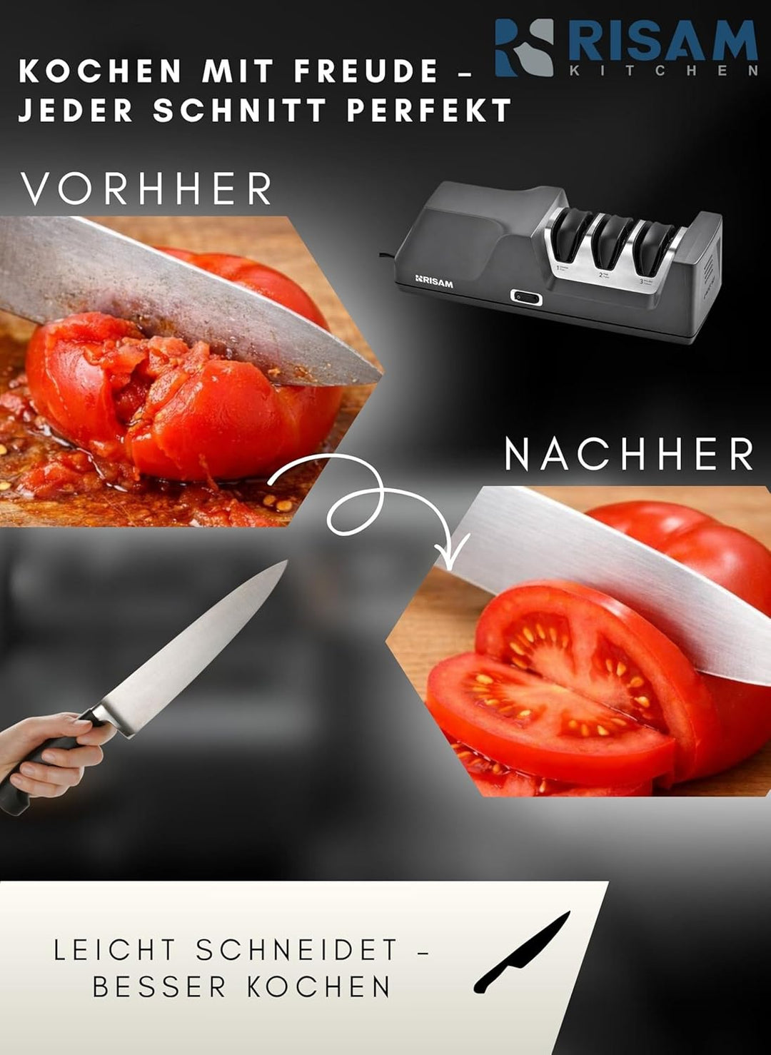 RISAM Kitchen Elektrischer Messerschärfer - 3-Stufen-Schleifsystem mit Winkelführung, für Küchen-, J