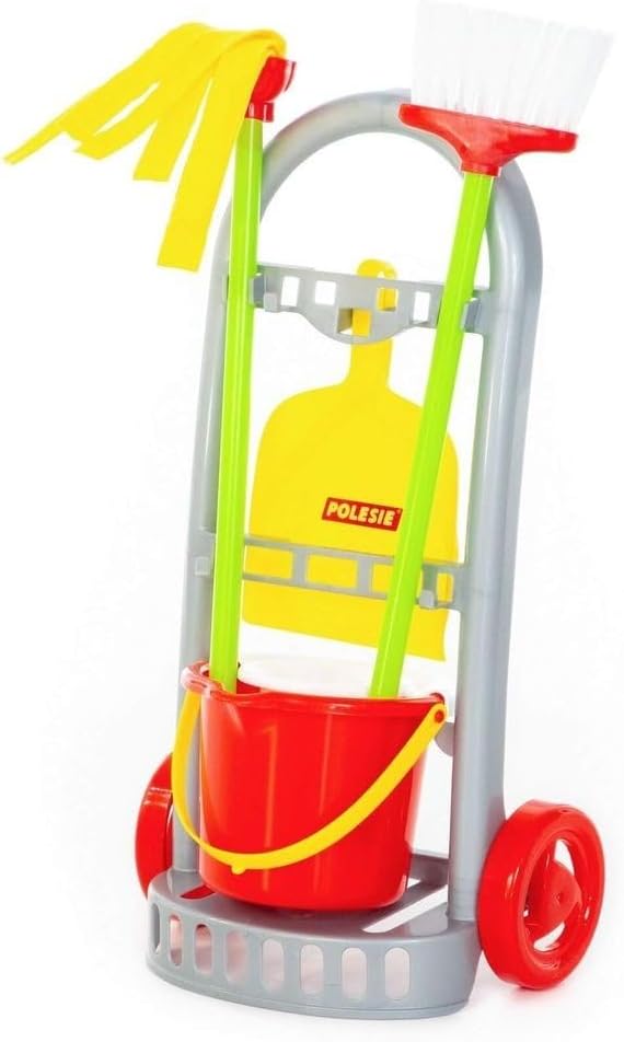 Polesie Putztrolley - Kinder-Putzwagen mit Zubehör, Besen, Wischer, Kehrblech und Eimer I Rollenspie