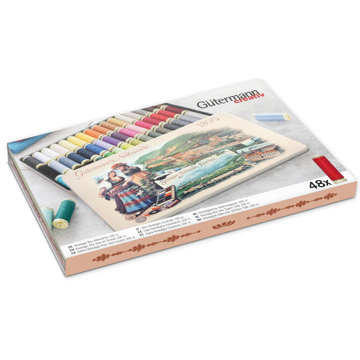 Gütermann creativ Nostalgie-Box mit 48 Spulen Allesnäher 100 m in verschiedenen Farben Mehrfabig 48