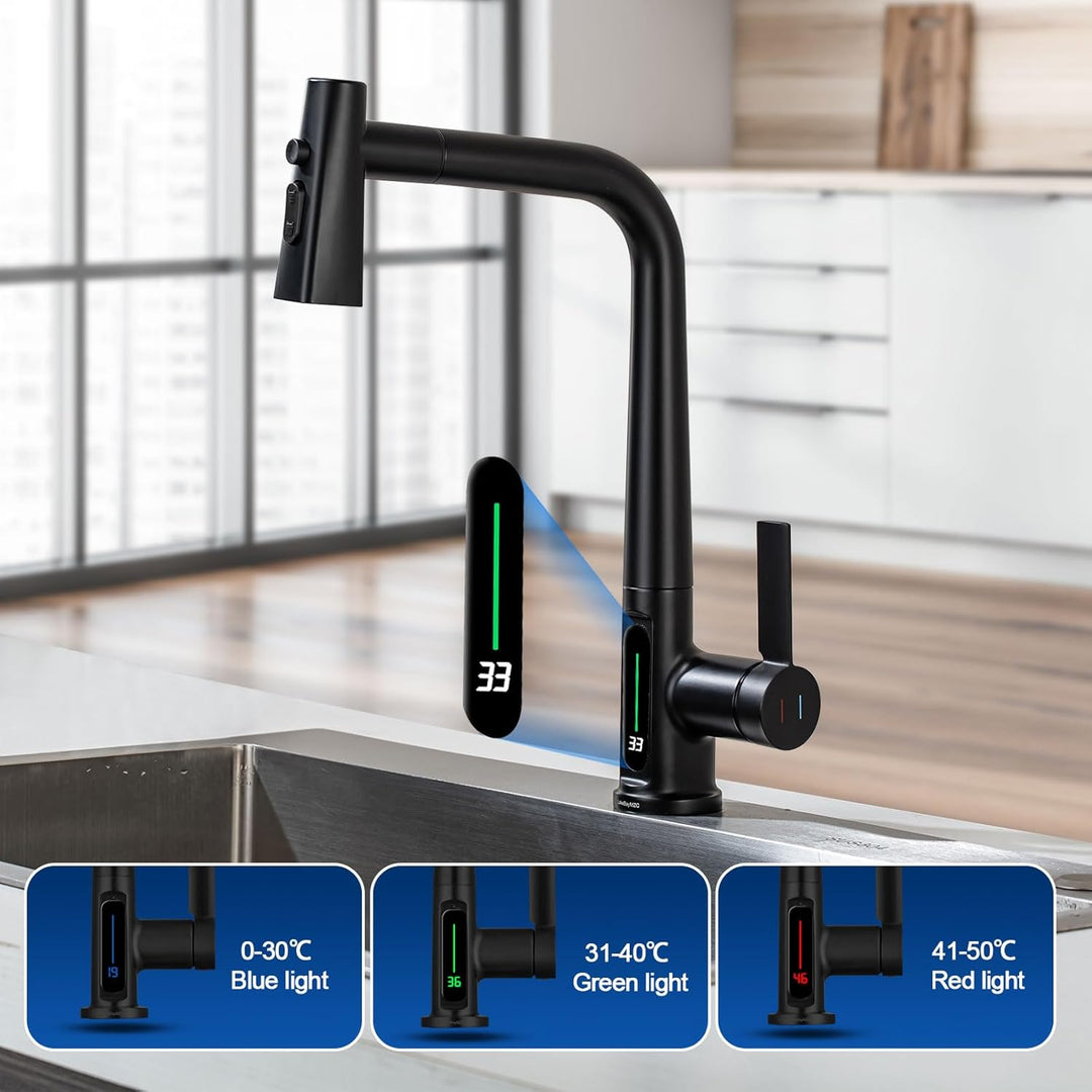 Wasserhahn Küche Mit Brause Ausziehbar,Küchenarmatur 360°Schwenkbar Spültischarmatur LED Temperatura