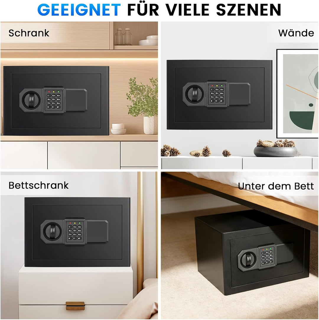 20L Safe Tresor für Zuhause, Stahl Safe mit Ersatzschlüssel, Abnehmbarem Regal und Alarmanlage, Klei
