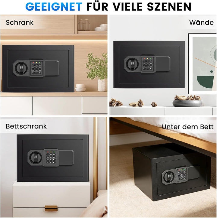 20L Safe Tresor für Zuhause, Stahl Safe mit Ersatzschlüssel, Abnehmbarem Regal und Alarmanlage, Klei