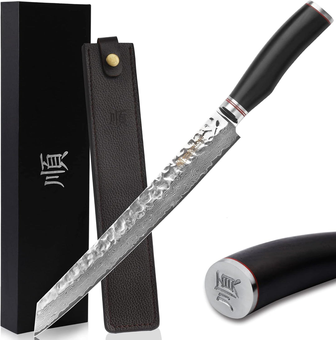 YOUSUNLONG Damaskus-Tranchiermesser mittelgross, Klinge 28,00 cm lang - sehr hochwertiges, sehr scha