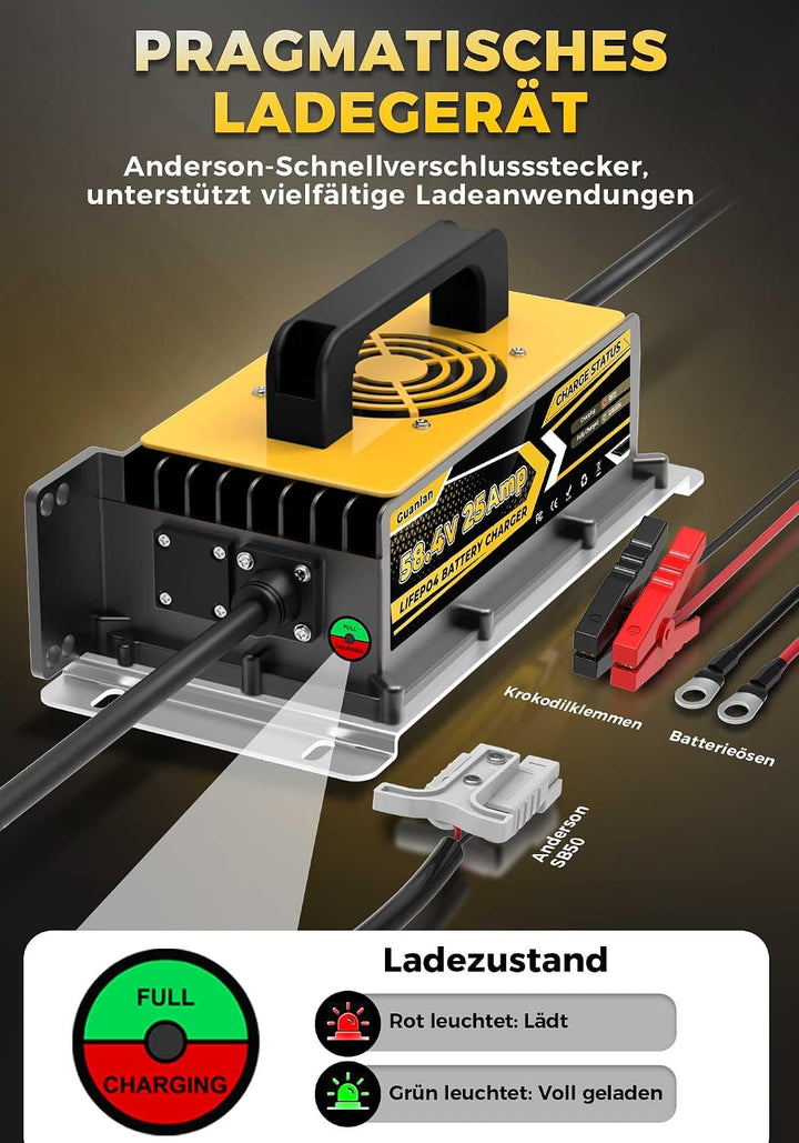 58,4V 25A LiFePO4 Lithium Batterie Ladegerät für 48V(51,2V) LiFePO4 Lithium Batterien, IP67 Wasserdi