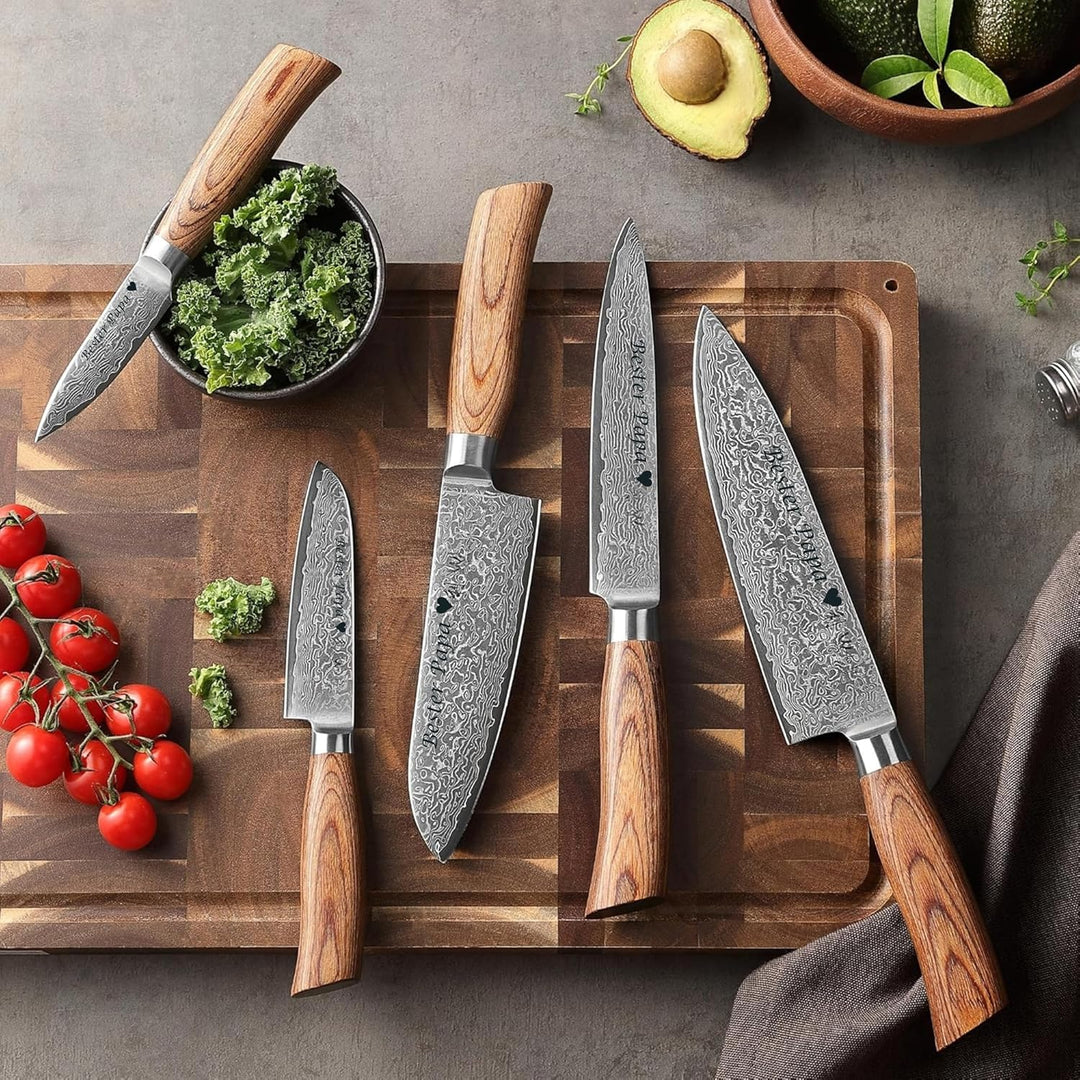Wakoli EDIB Pro Damastmesser Set mit Gravur – Personalisiertes 5er Messerset, 20cm, 17cm, 16cm, 11cm