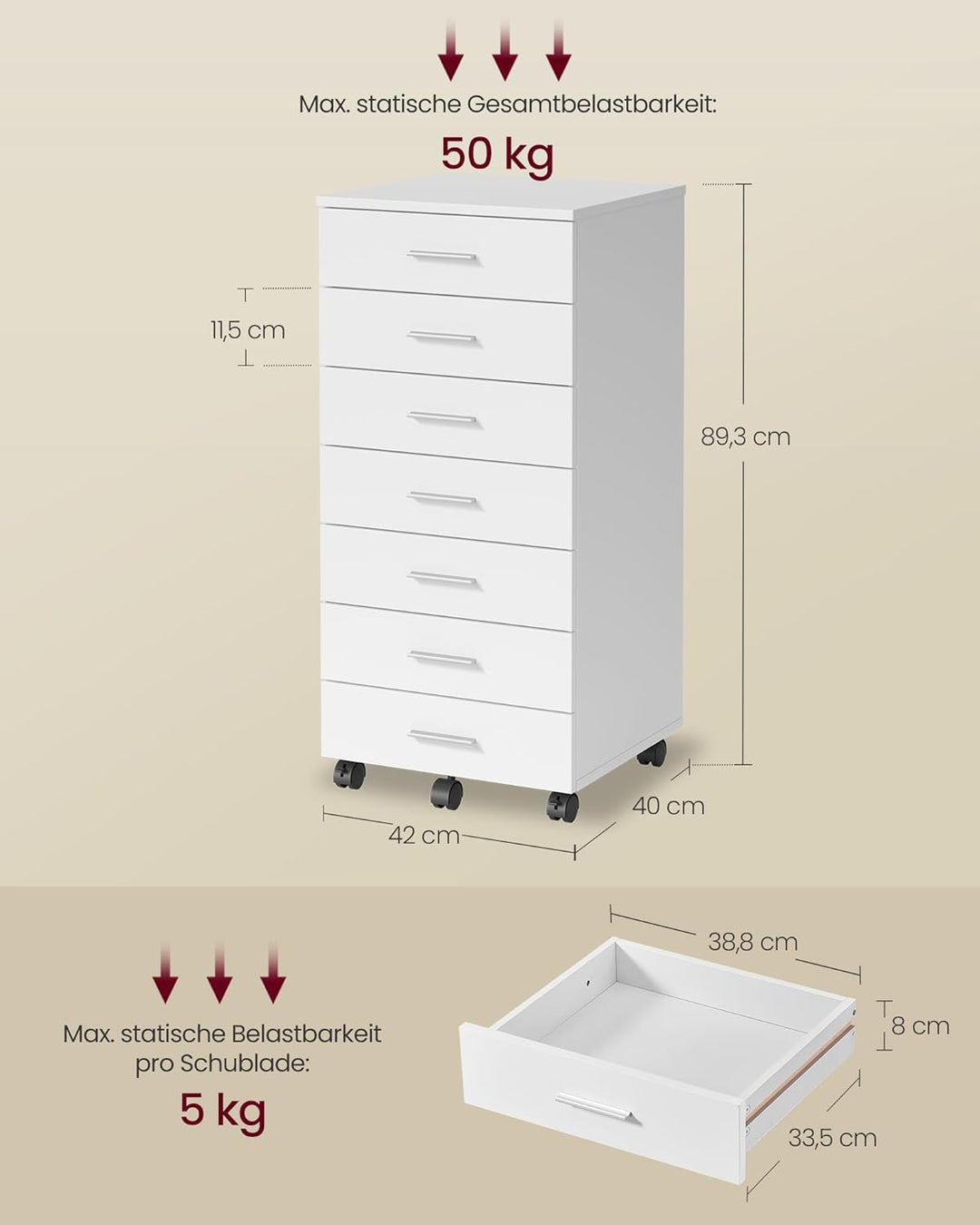 VASAGLE Rollcontainer, mobiler Aktenschrank, Schubladenschrank, Druckerständer mit 7 Schubladen, mit