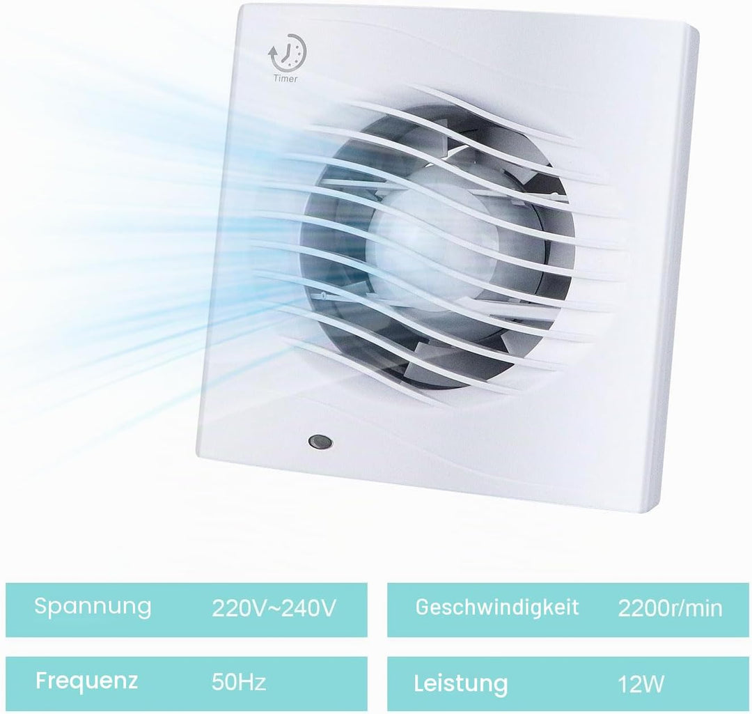 Anesty Badlüfter 100mm mit Nachlauf Timer, 12W 130m³/h Abluftventilator Leiser Badezimmer Lüfter mit