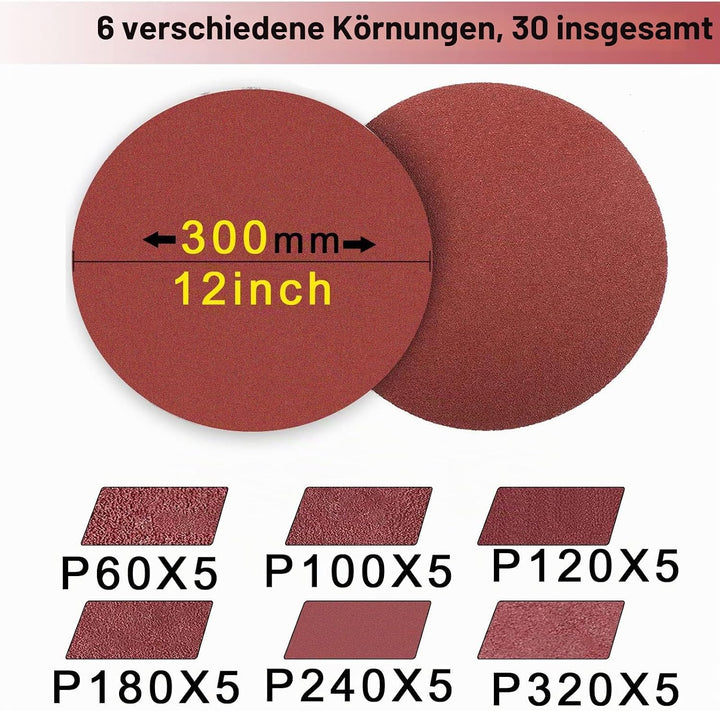 FEIHU Schleifscheiben 300mm klett.Durchmesser 300 Schleifpapier klett.Körnung 5X P60/100/120/180/240