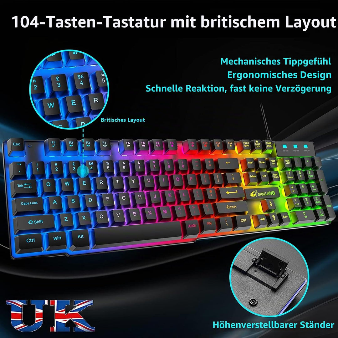 Gaming Tastatur Headset &amp; Maus Set, 104 Tasten Rainbow Backlit UK Layout Tastatur 2400DPI Maus 7.1 S