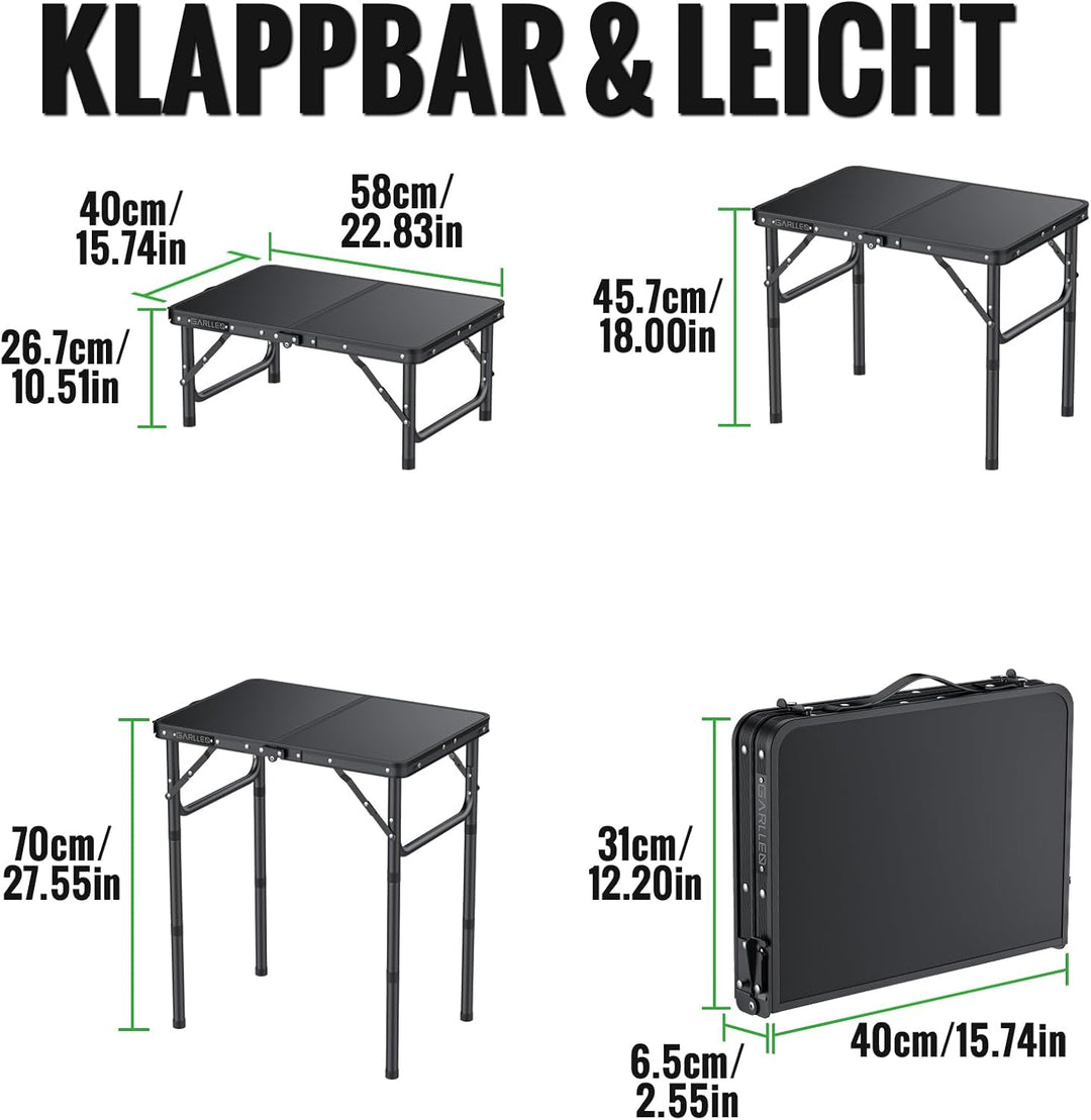 GARLLEN Campingtisch klappbar, 58x40cm & 3 einstellbare Höhen(26/48/70cm), Klapptisch Camping Tisch,