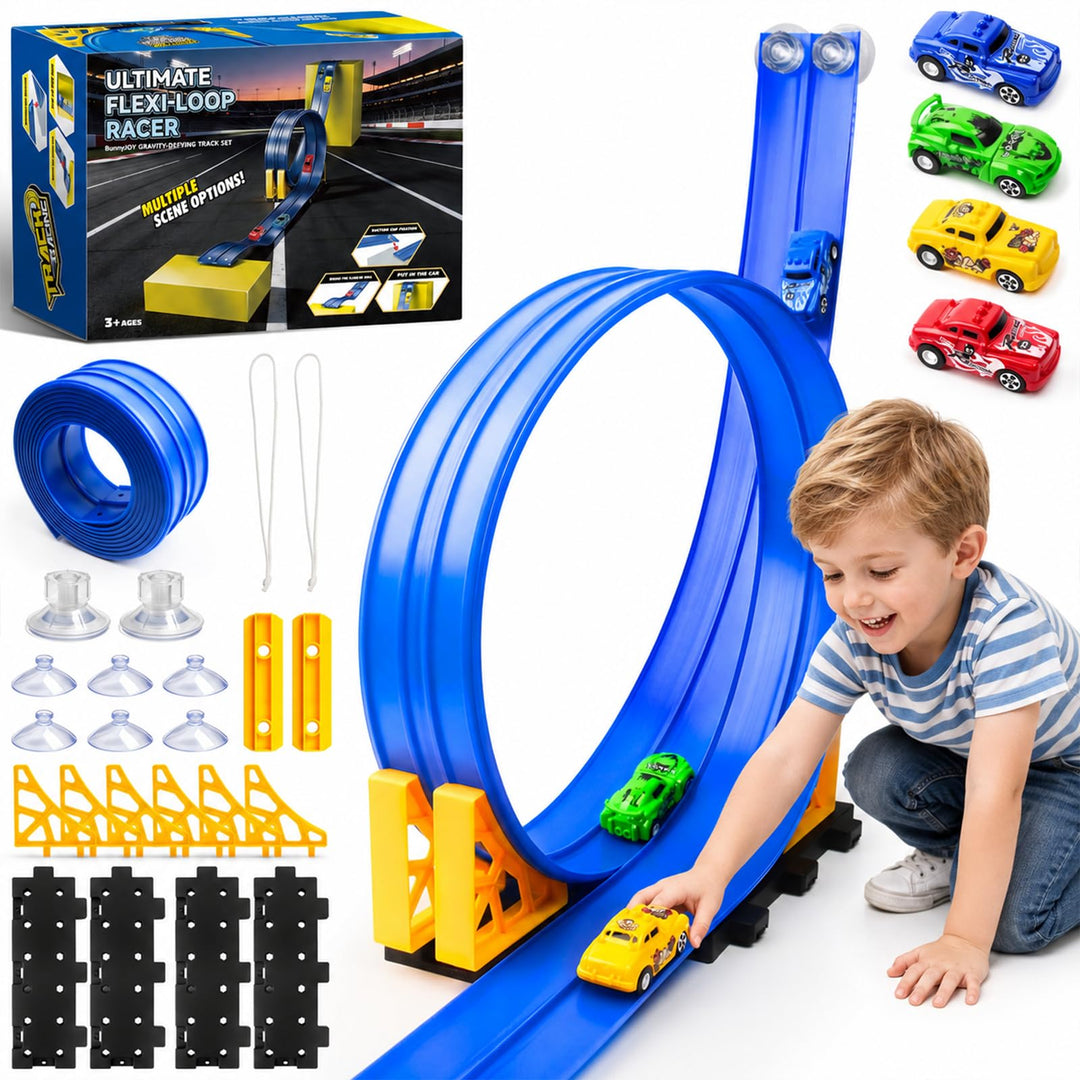 BunnyJOY Flexible Autorennbahn für Kinder mit 4 Rückziehautos, 2 Looping Rennbahn, Rampen Schwerkraf