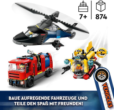 LEGO City Kombinationsset mit Hubschrauber, Löschauto und U-Boot und 3 Minifiguren - Baubare Spielze