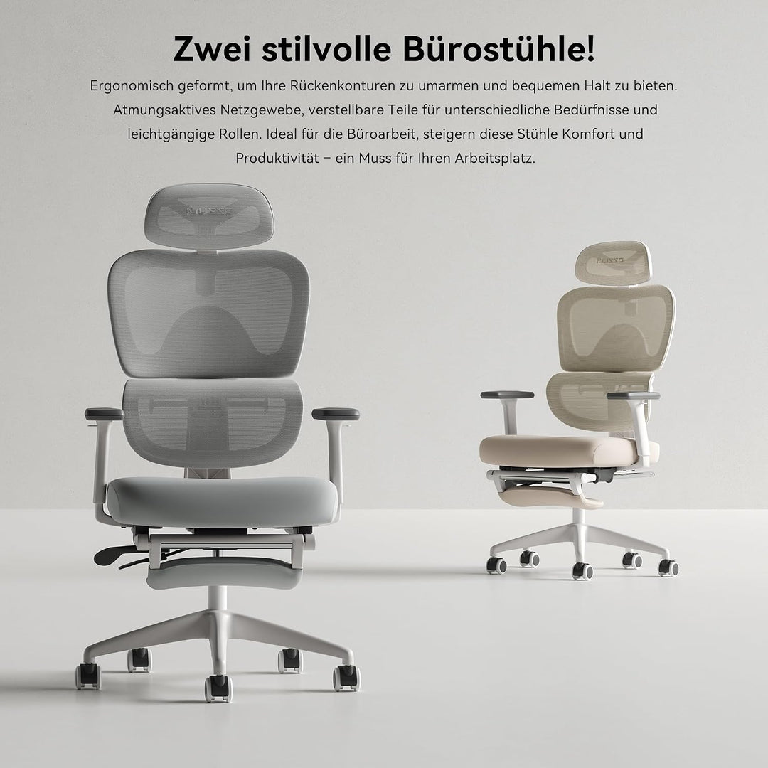 MUSSO E600SE Ergonomischer Bürostuhl, 3-stufig verstellbare Lendenwirbelsäule 3D-verstellbare Armleh