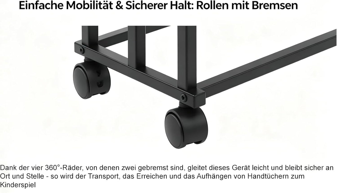 Handtuchhalter Stehend,Metall Handtuchständer mit 4 Rollen 2 Bremsen 3 Stangen,Freistehend Badetuchh