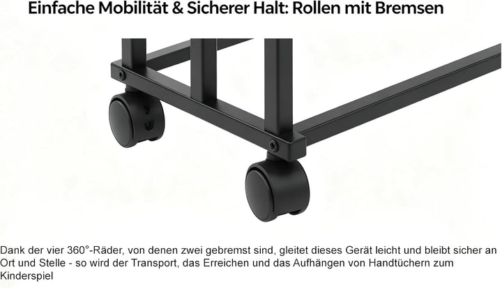 Handtuchhalter Stehend,Metall Handtuchständer mit 4 Rollen 2 Bremsen 3 Stangen,Freistehend Badetuchh