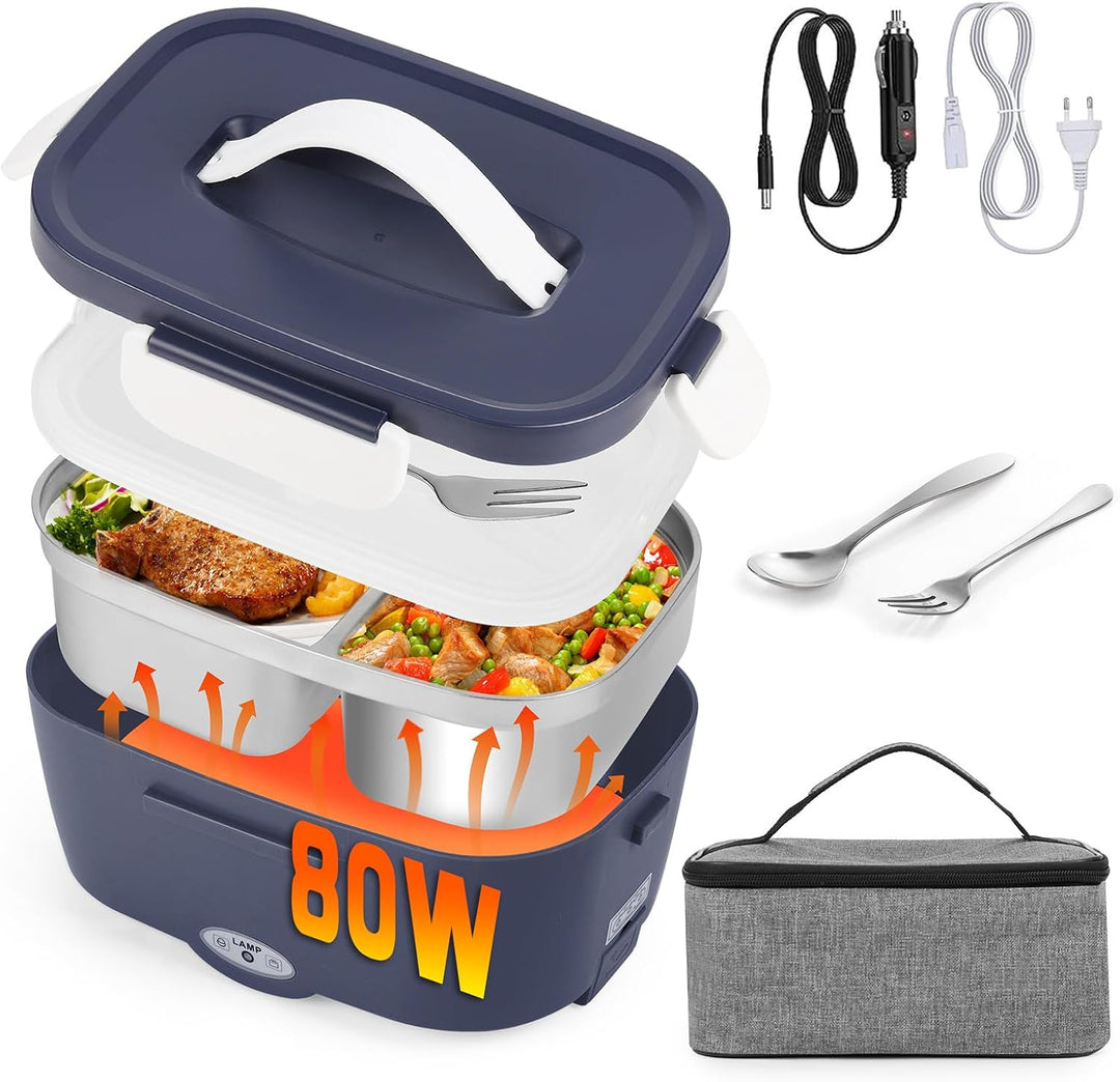 Elektrische Lunchbox Speisenwärmer Auto 3 In 1(12V/24V/220V) 1,5L mit Gabel Löffel, Abnehmbare Edels