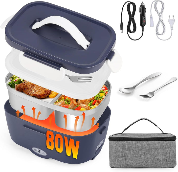 Elektrische Lunchbox Speisenwärmer Auto 3 In 1(12V/24V/220V) 1,5L mit Gabel Löffel, Abnehmbare Edels