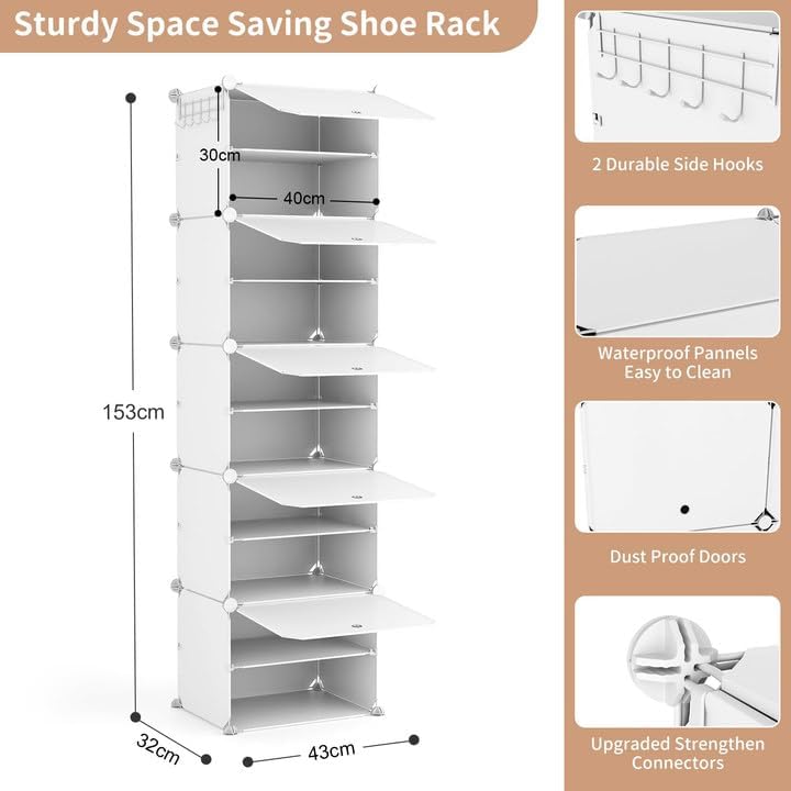 Schuhschrank, Schuhregal 10 Ebenen Schuhschrank Schmal Hoch für 20 Paar Schuhe, 43×32×153cm Schuhreg