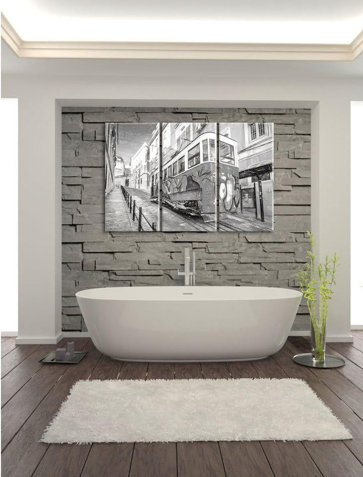 Pixxprint Strassenbahn in Portugal 3Teiler 120x80 cm Leinwandbild Wandbild Kunstdruck